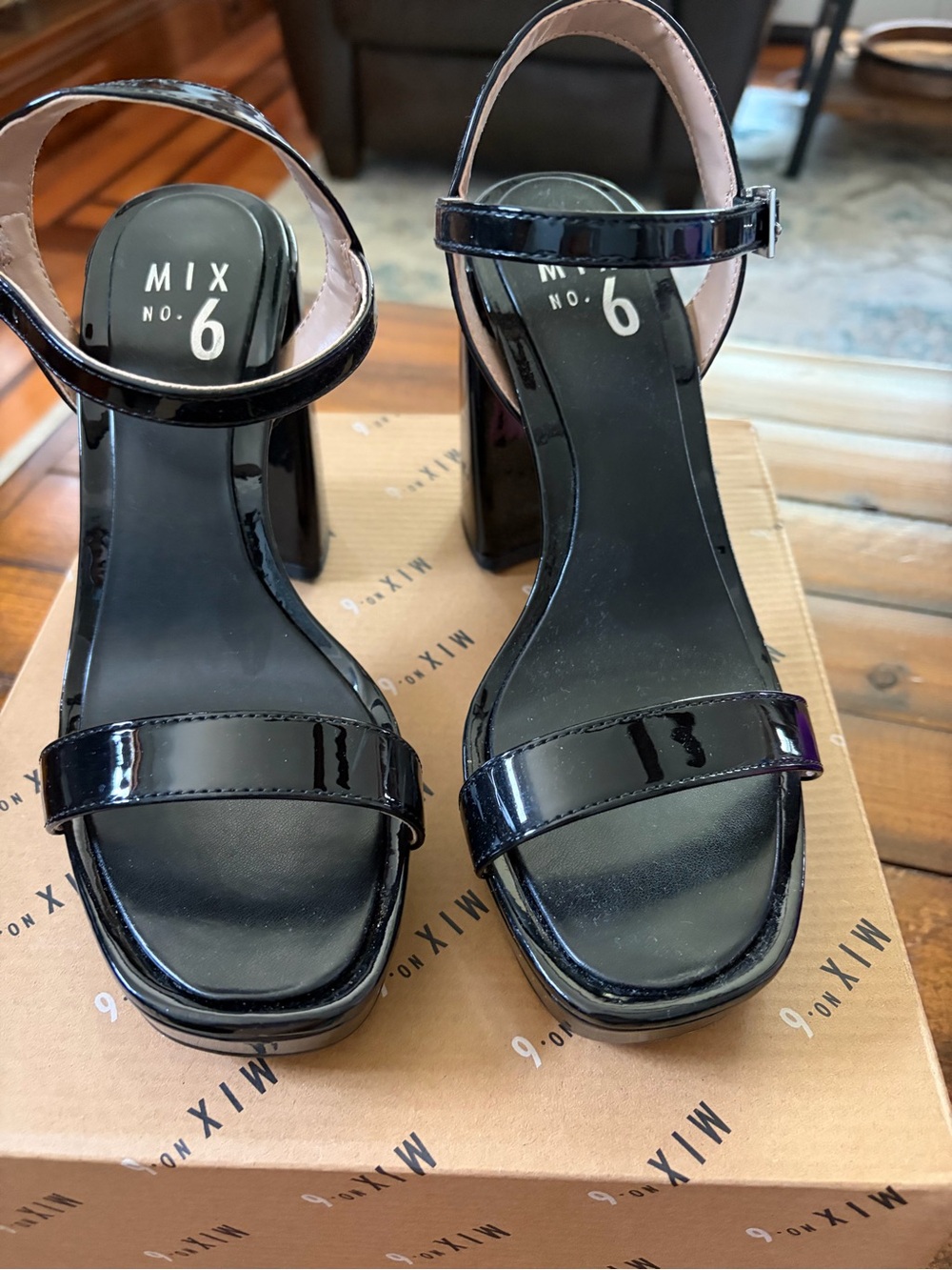 Mix No. 6 Shiny Black Patent Block Heel Sandals
